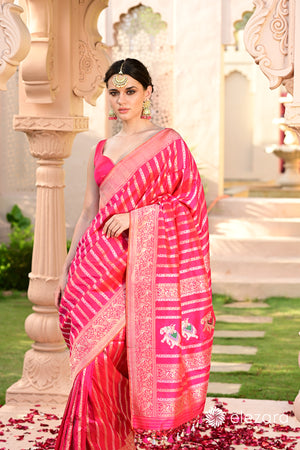Rani-Pink Leheriya Kadhwa Shikargah Sona Rupa Meenakari Pure Katan Banarasi