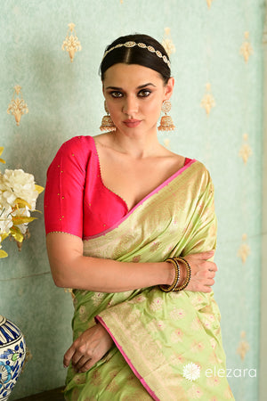 Light Green Floral Buti Meenakari Pure Katan Banarasi