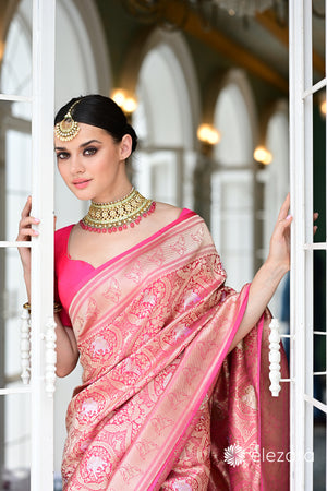 Pink Sona Rupa Zari Shikargah Pure Katan Silk Banarasi