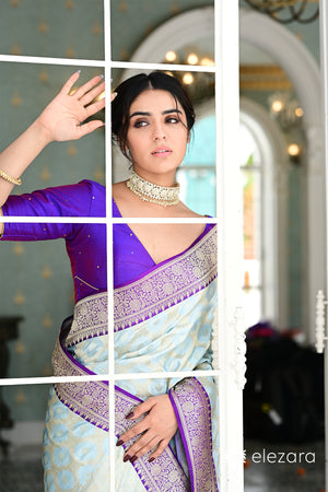Powder Blue Kadhiyal Purple Border Sona Zari Pure Katan Banarasi