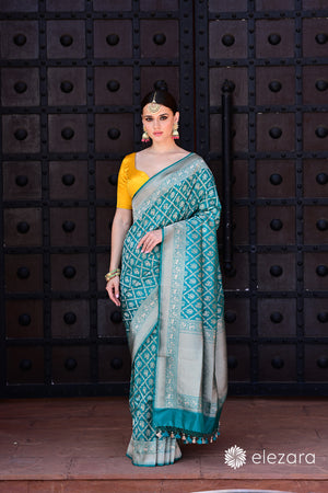 Sea-green Sona Zari Shikargah Pure Katan Silk Banarasi