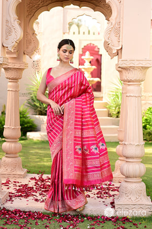 Rani-Pink Leheriya Kadhwa Shikargah Sona Rupa Meenakari Pure Katan Banarasi