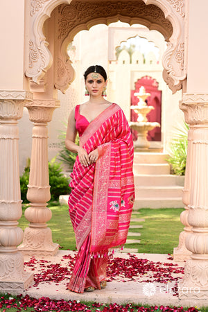 Rani-Pink Leheriya Kadhwa Shikargah Sona Rupa Meenakari Pure Katan Banarasi