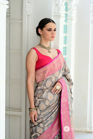 Grey Kadhiyal Pink Border Sona Rupa Pure Katan Banarasi