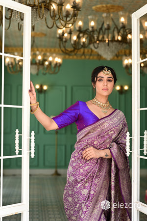 Purple Sona Zari Shikargah Pure Katan Silk Banarasi