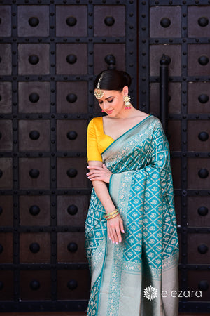 Sea-green Sona Zari Shikargah Pure Katan Silk Banarasi