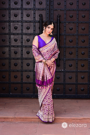 Purple Sona Zari Shikargah Pure Katan Silk Banarasi (purple buland sidhika)