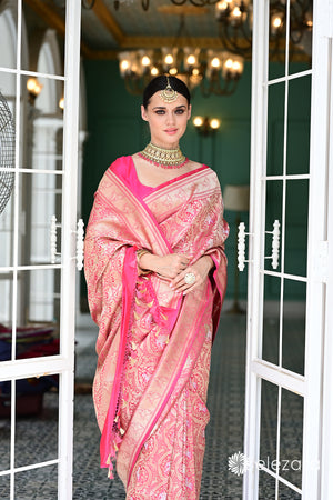 Pink Sona Rupa Zari Shikargah Pure Katan Silk Banarasi
