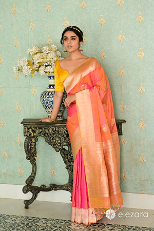 Fiery-Orange Kadhwa Buta Sona Rupa Zari Ektara Pure Katan Banarasi