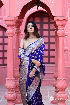 Royal Blue Floral Buti Pure Katan Silk Banarasi