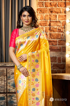 Yellow Kadhwa Buta Meenakari Pure Katan Silk Ektara Banarasi