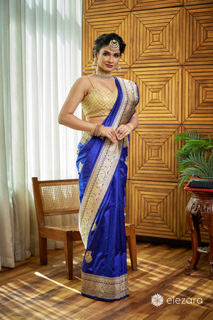 Royal Blue Kadhwa Buta Meenakari Pure Katan Silk Ektara Banarasi