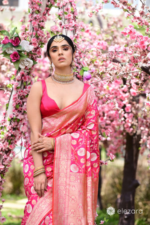 Pink Orange Dual Tone Sona Rupa Copper Zari Pure Katan Silk Banaras