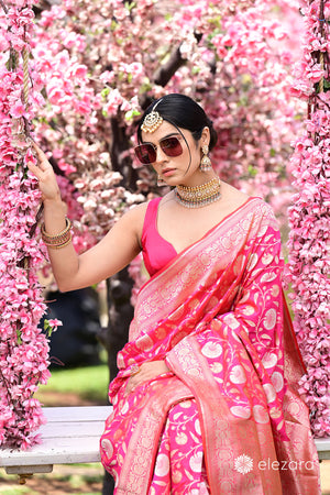 Pink Orange Dual Tone Sona Rupa Copper Zari Pure Katan Silk Banaras