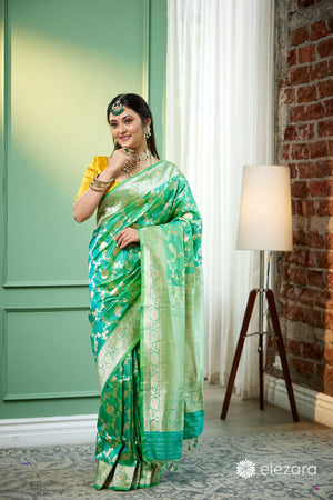 Sea Green Dual Tone Floral Jaal Pure Katan Silk Banarasi