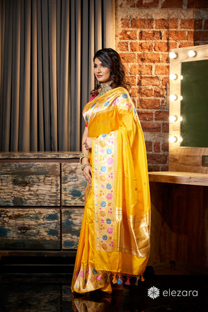Yellow Kadhwa Buta Meenakari Pure Katan Silk Ektara Banarasi