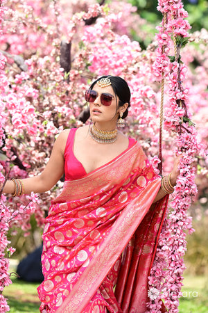 Pink Orange Dual Tone Sona Rupa Copper Zari Pure Katan Silk Banaras