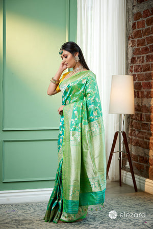 Sea Green Dual Tone Floral Jaal Pure Katan Silk Banarasi