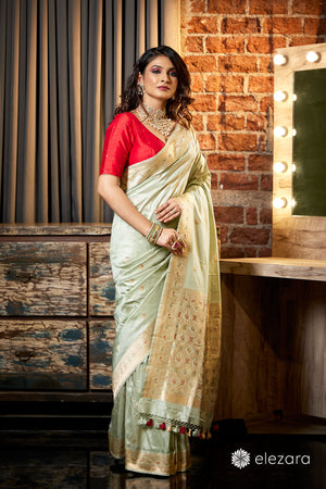 Powder Blue Kadhwa Buti Pure Katan Silk Ektara Banarasi