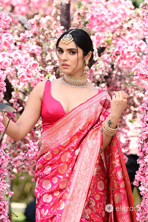 Pink Orange Dual Tone Sona Rupa Copper Zari Pure Katan Silk Banaras