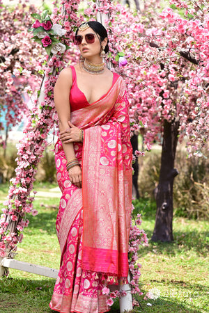 Pink Orange Dual Tone Sona Rupa Copper Zari Pure Katan Silk Banaras