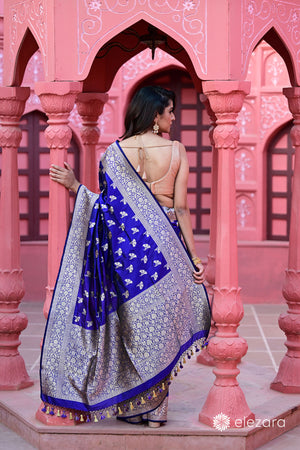 Royal Blue Floral Buti Pure Katan Silk Banarasi