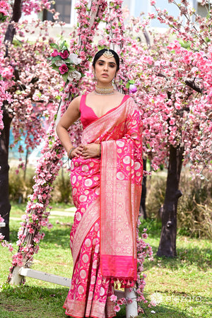 Pink Orange Dual Tone Sona Rupa Copper Zari Pure Katan Silk Banaras
