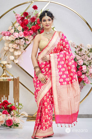 Pink Orange Dual Tone Floral Buta Pure Katan Silk Banarasi
