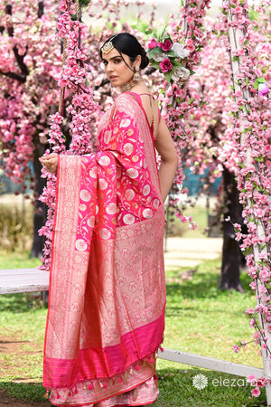 Pink Orange Dual Tone Sona Rupa Copper Zari Pure Katan Silk Banaras