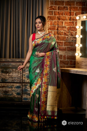 Bottle Green-Pink Dual Tone Kadhwa Buta Meenakari Border Pure Katan Silk Ektara Banarasi