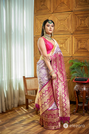Grey- Magenta border Sona Zari Pure Katan Silk Mughal Banarasi