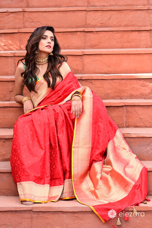 Handwoven Red Tanchoi Pure Katan Silk Banarasi
