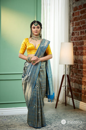 Teal blue handwoven brocaded kimkhab Pure Katan Silk Banarasi