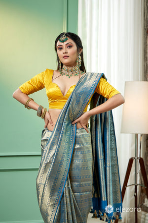Teal blue handwoven brocaded kimkhab Pure Katan Silk Banarasi