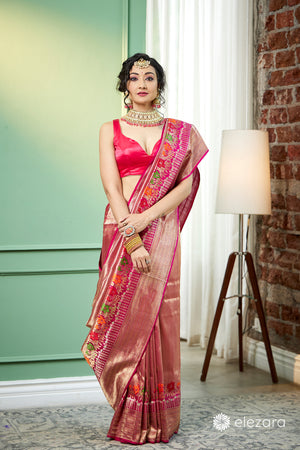 Pink handwoven brocaded kim khab Meenakari Pure Katan Silk Banarasi