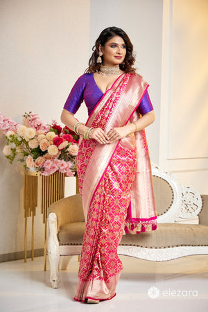 Handwoven Pink Pure Katan Patola Silk Banarasi