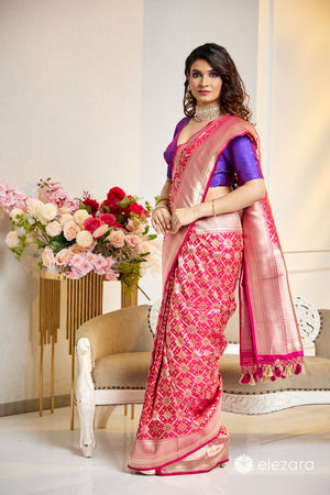 Handwoven Pink Pure Katan Patola Silk Banarasi