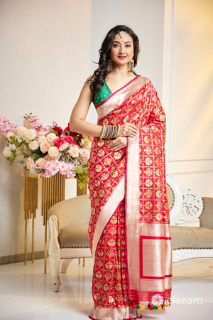 Handwoven Red Pure Katan Patola Silk Banarasi