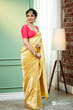 Yellow handwoven brocaded kim khab Meenakari Pure Katan Silk Banarasi