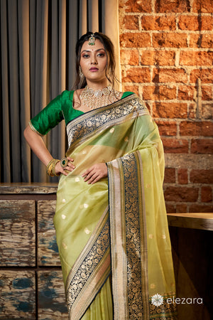 Light Green Kadhwa Buta Meenakari Pure Kora Handwoven Silk