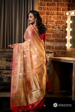 Light Orange Kadhwa Buta Meenakari Pure Kora Handwoven Silk