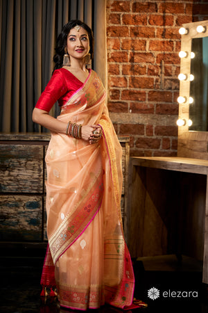 Light Orange Kadhwa Buta Meenakari Pure Kora Handwoven Silk