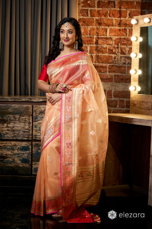 Light Orange Kadhwa Buta Meenakari Pure Kora Handwoven Silk