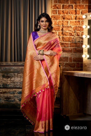 Orange Dual Tone Kadhwa Buta Pure Kora Hand woven Silk