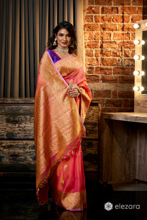 Orange Dual Tone Kadhwa Buta Pure Kora Hand woven Silk