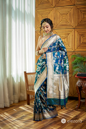 Peacock Blue Sona Rupa Zari Pure Katan Silk Banarasi