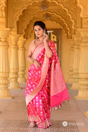 Pink Orange Dual Tone Sona Rupa zari Pure Katan Silk Banarasi