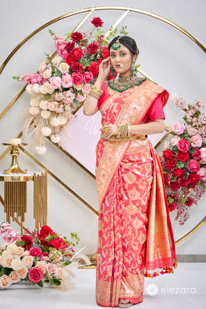 Pink Orange dual tone Sona Rupa Zari Kadhwa Meenakari Pure Katan Silk Banarasi