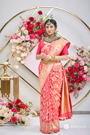 Pink Orange dual tone Sona Rupa Zari Kadhwa Meenakari Pure Katan Silk Banarasi