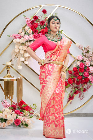 Pink Orange dual tone Sona Rupa Zari Kadhwa Meenakari Pure Katan Silk Banarasi